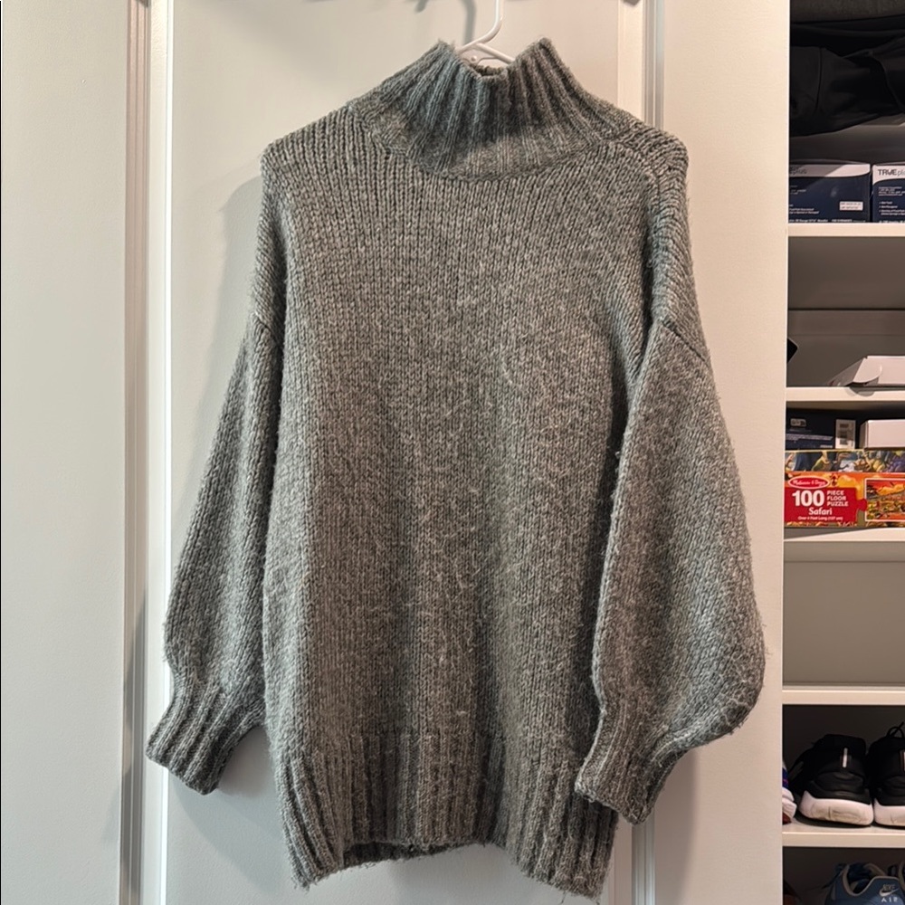 Gray Cowl Turtleneck Sweater with Balloon Sleeves and Relaxed Fit